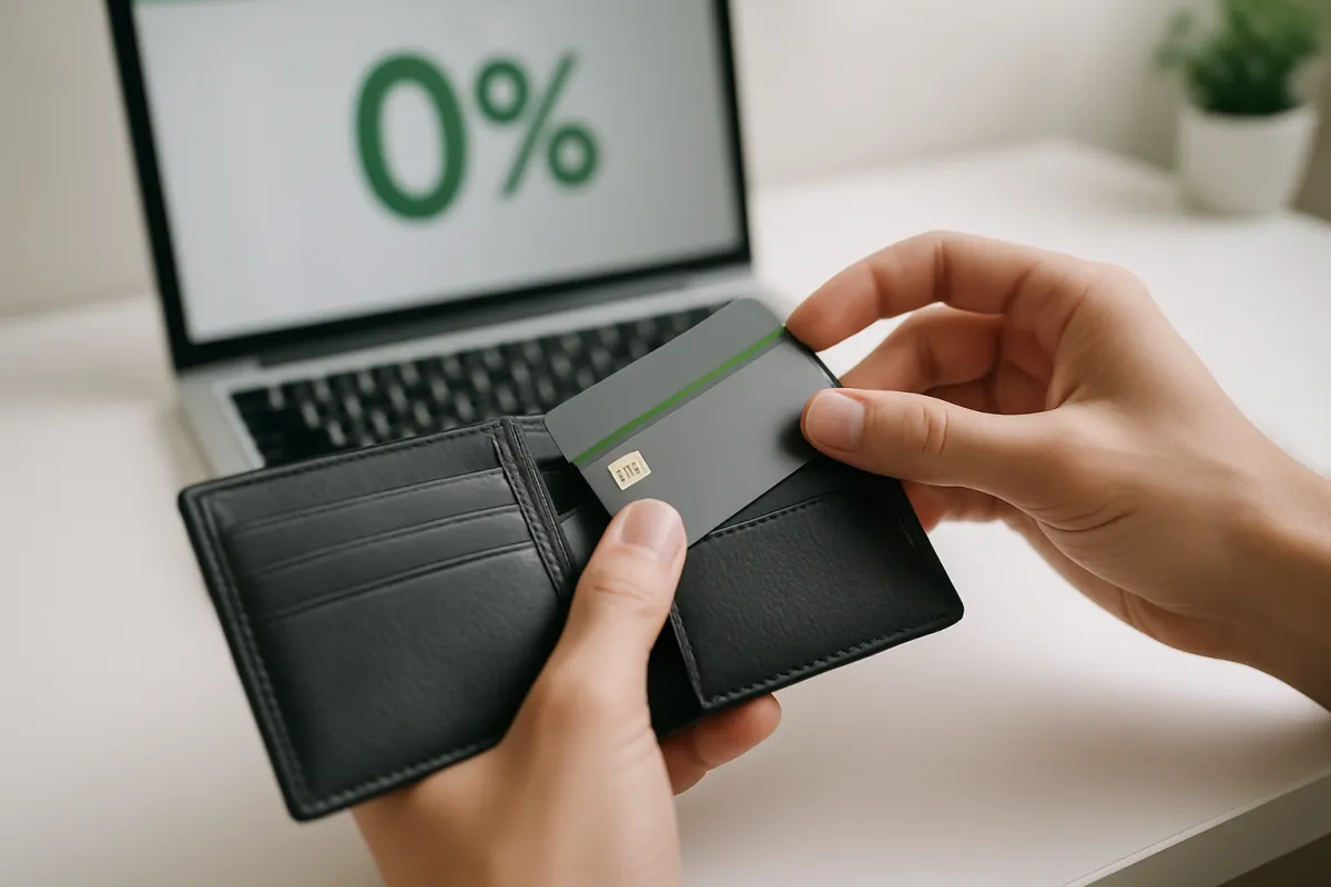 A person moving a credit card between wallet slots beside a laptop