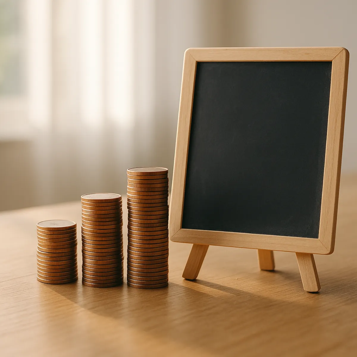 Three stacks of coins of increasing height beside a blank small chalkboard on a wooden easel
