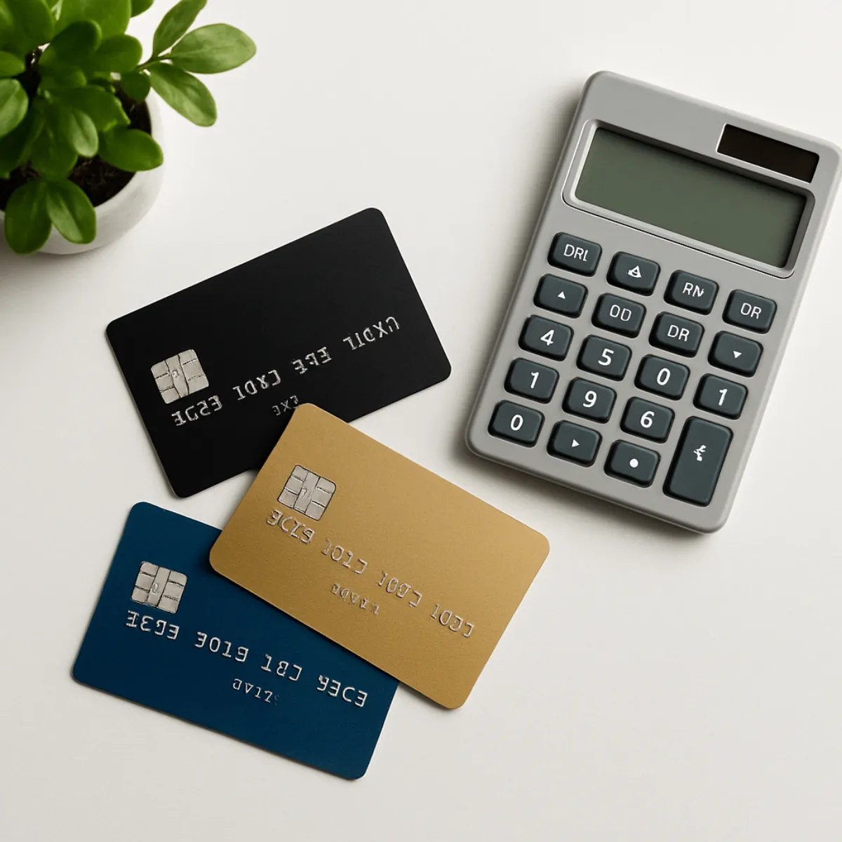 Three payment cards fanned on a white surface beside a grey pocket calculator and a small potted plant