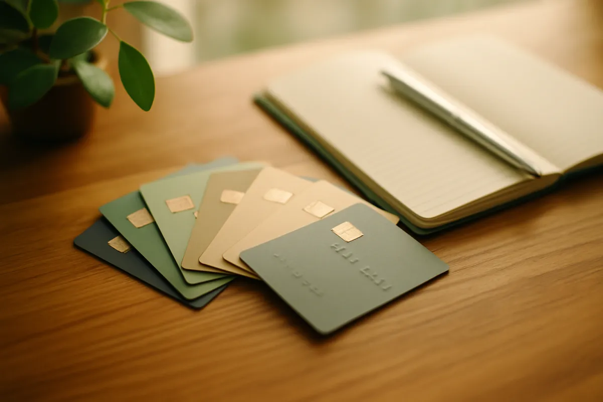 Credit cards fanned out on a wooden desk beside an open notebook and pen
