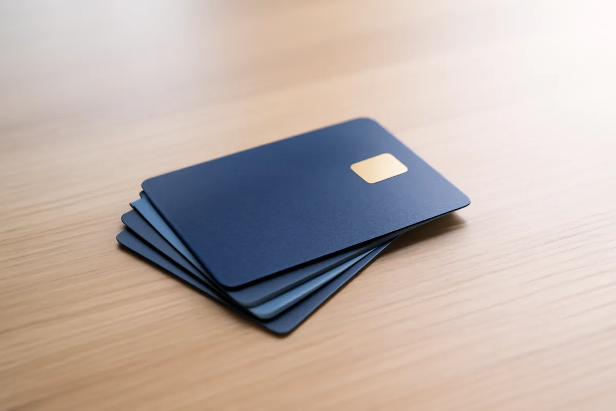 A small fan of several credit cards spread on a wooden desk in soft natural light