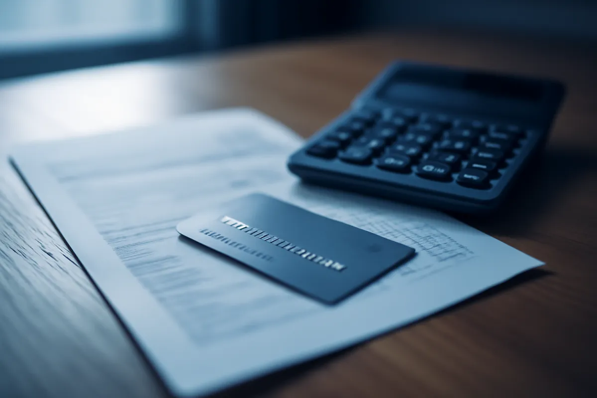 A credit card and a paper billing statement on a desk beside a calculator in soft light