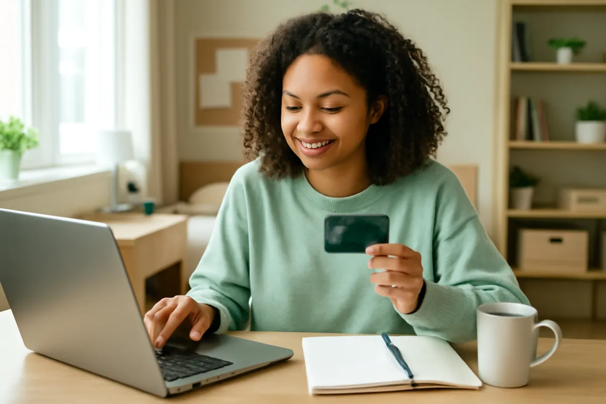 A cheerful college student at a campus desk with a laptop, a budgeting notebook, and a single new credit card in soft morning light