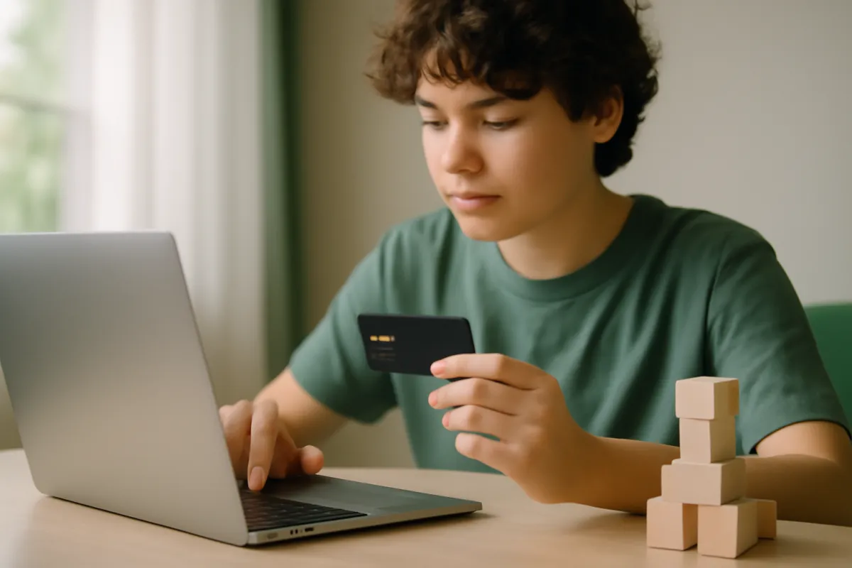 A young person at a desk setting up a first credit card on a laptop with small wooden building blocks nearby in soft natural light