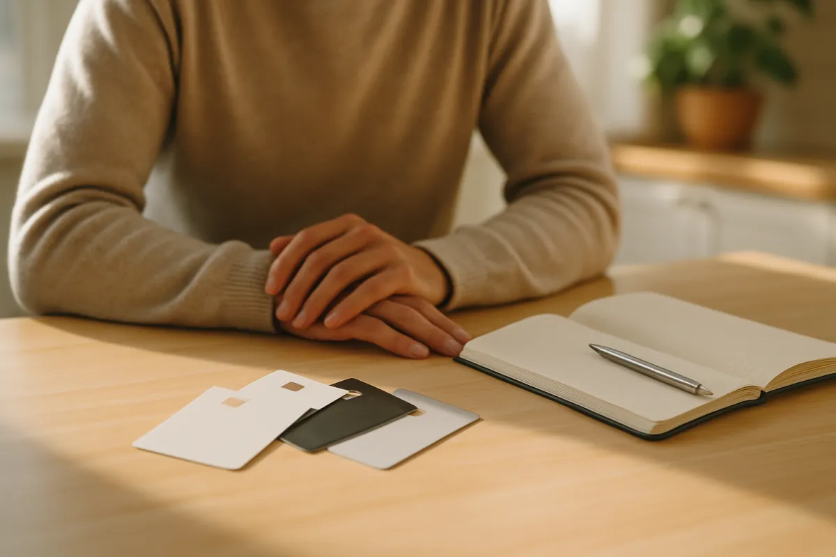 A person in a beige sweater seated at a wooden table with four plain unbranded cards spread in front of them beside an open blank notebook and a pen in warm daylight