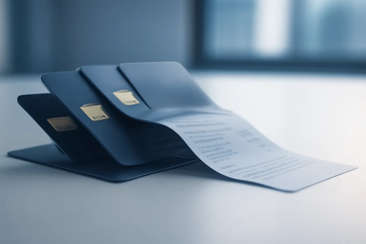 Several credit cards merging into a single monthly payment on a bright desk