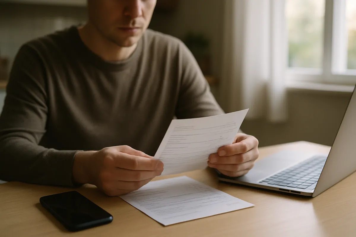 A person at a table holding a printed statement page in both hands, with a second page, a phone and an open laptop in front of them in soft window light