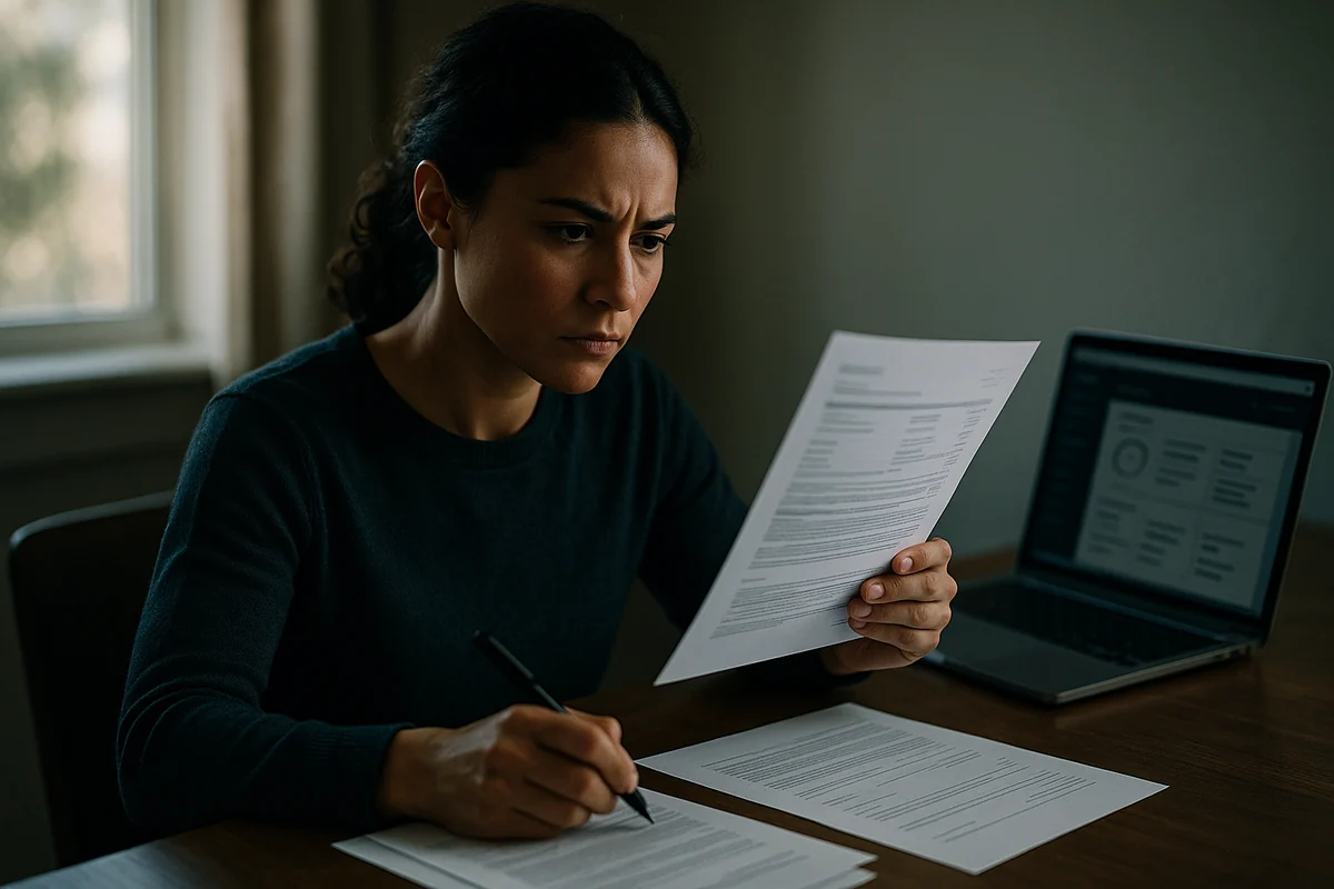 A focused, determined person at a tidy desk reviewing a printed credit report on paper beside an open laptop in warm natural daylight