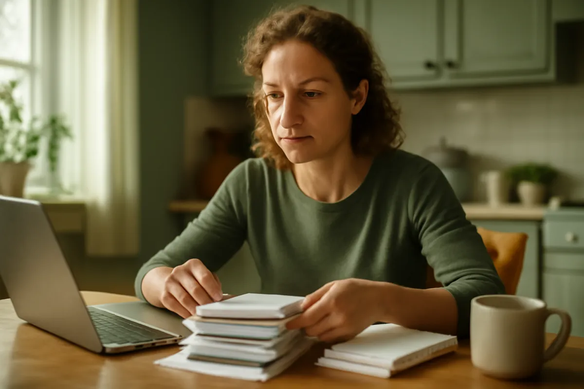 A determined person organizing bills and statements beside a laptop at a kitchen table in warm morning light