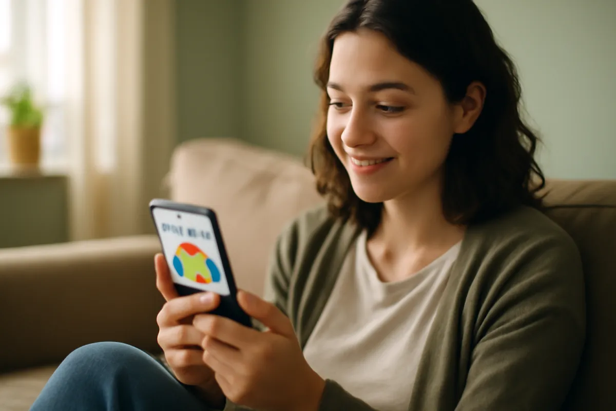 A hopeful young adult checking their credit score on a smartphone while sitting on a sofa at home in warm natural daylight
