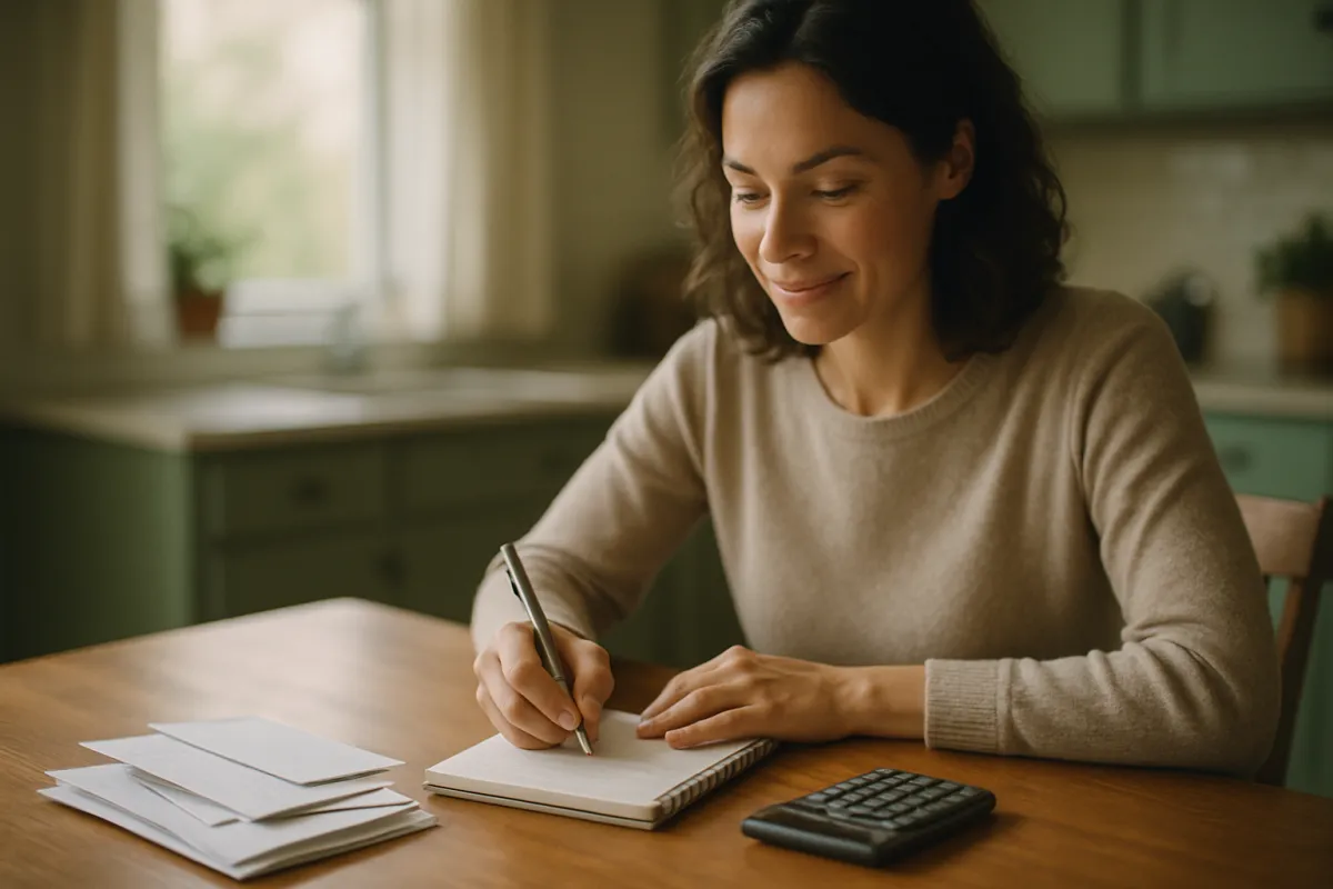 A person writing on a spiral notepad at a wooden kitchen table beside a small stack of opened envelopes and a calculator in soft daylight
