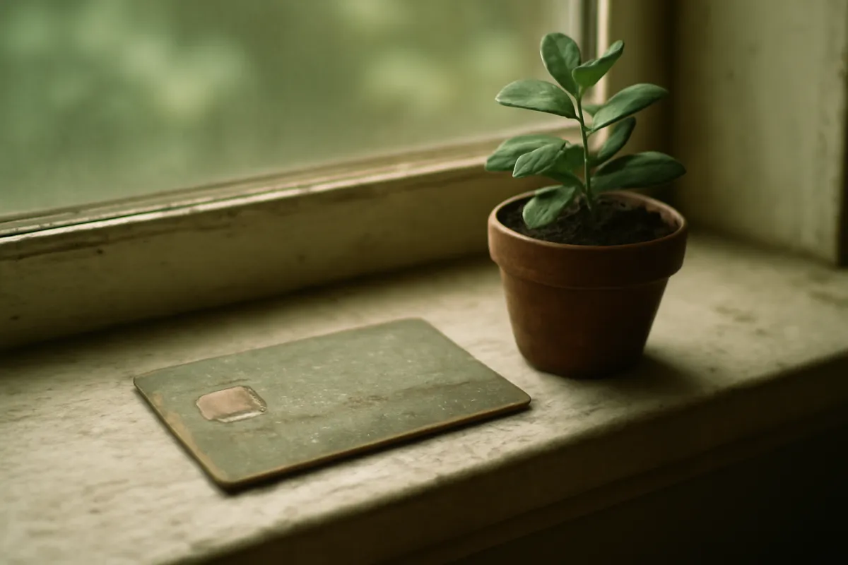 A single worn old credit card resting beside a small potted plant on a windowsill in morning light