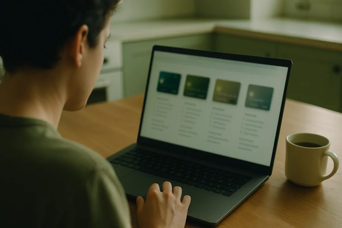 A person comparing credit card offers on a laptop at a kitchen table with a coffee cup