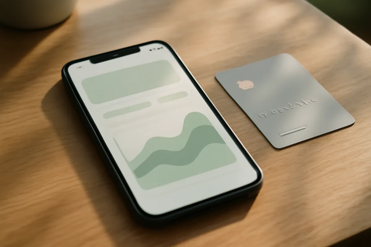 A smartphone screen showing an automatic payment being scheduled beside a credit card and coffee on a table in morning light