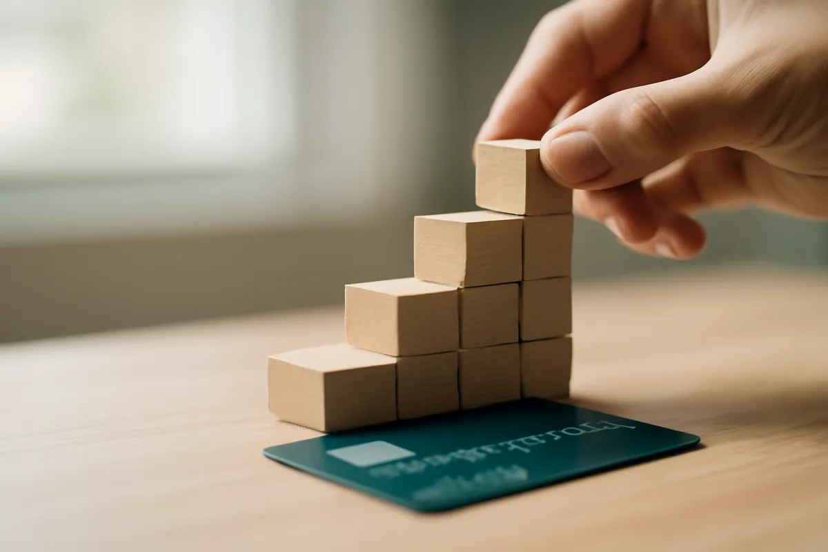 Small wooden building blocks stacked into a rising staircase on a desk beside a credit card in soft daylight