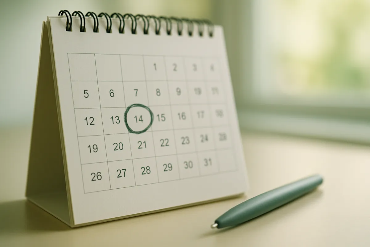 A wall calendar marking the days of a billing cycle beside a pen