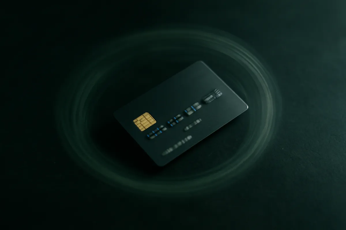 A single credit card caught in a looping circular motion blur suggesting a repeating cycle