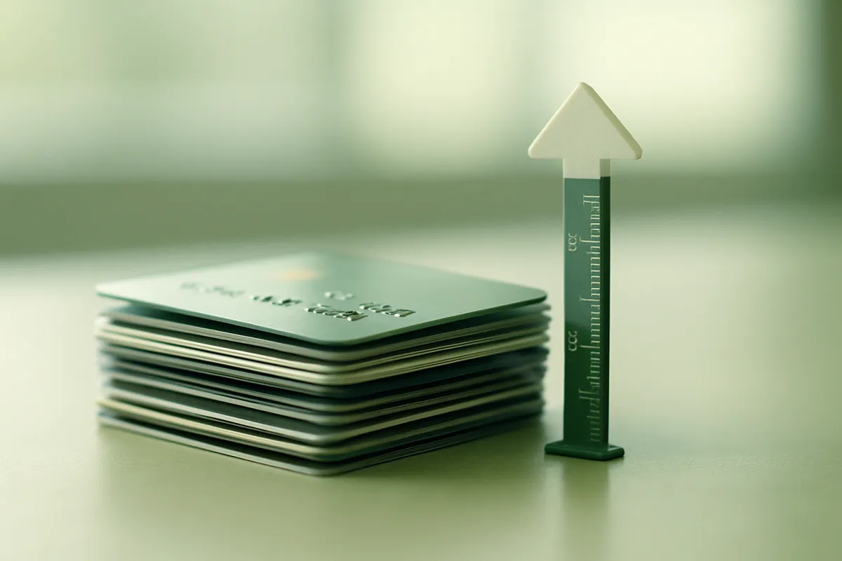 A neat stack of credit cards beside a small measuring gauge, suggesting a ceiling on how much can move