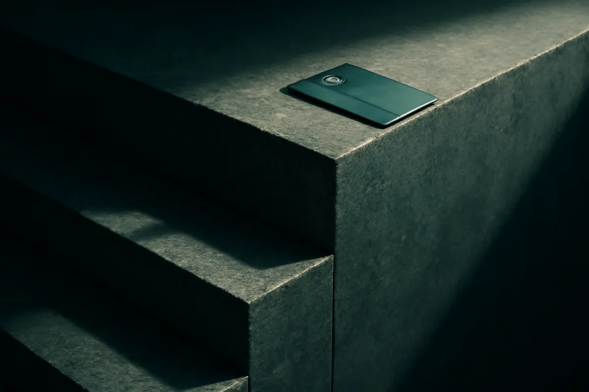A stepped stone ledge with long shadows and a credit card at the top step, green and indigo tint, suggesting a drop after a level stretch