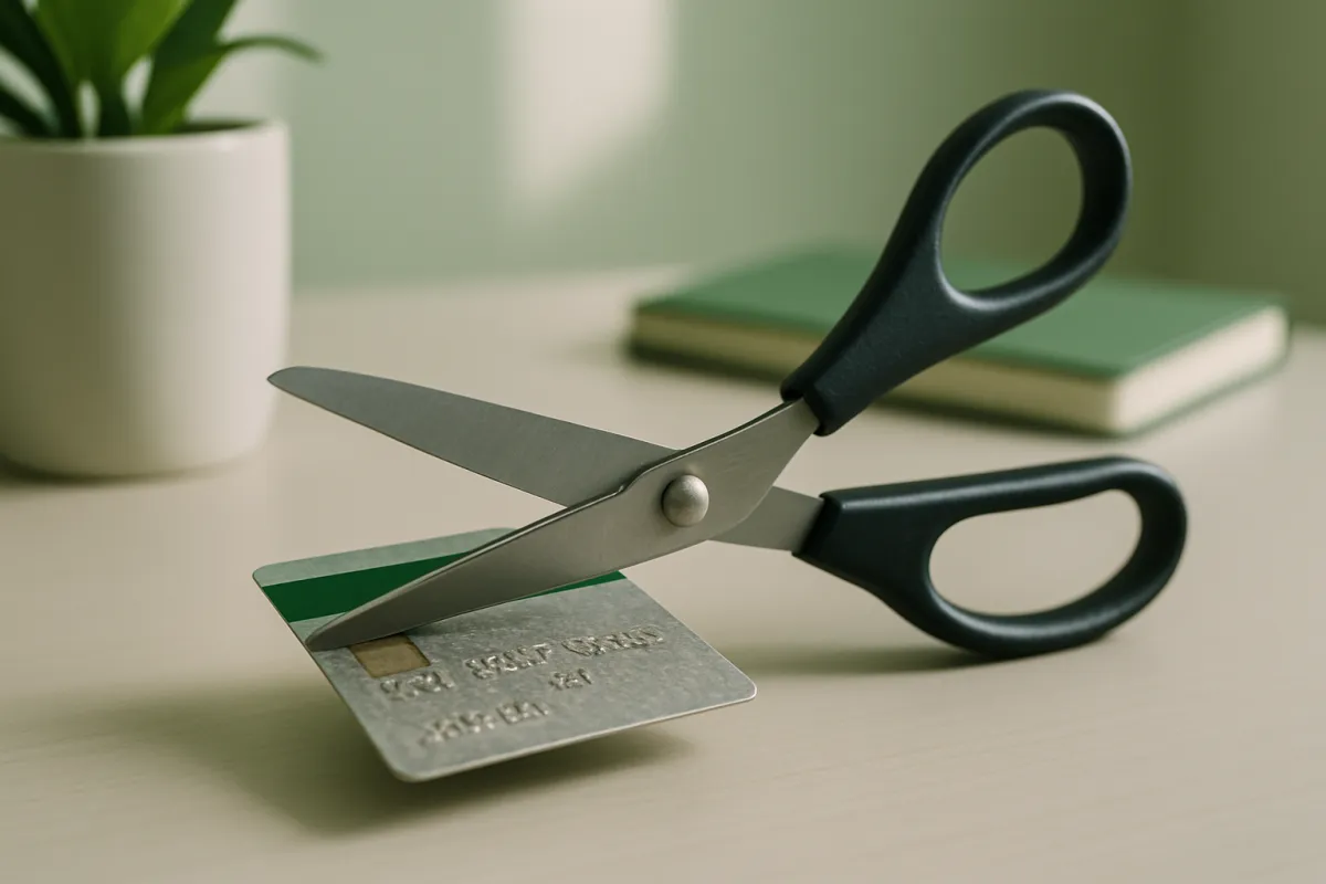 Scissors about to cut up a credit card on a clean desk