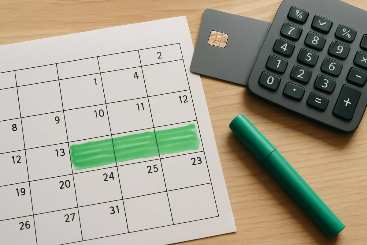 A calendar with a promotional period highlighted beside a credit card and calculator