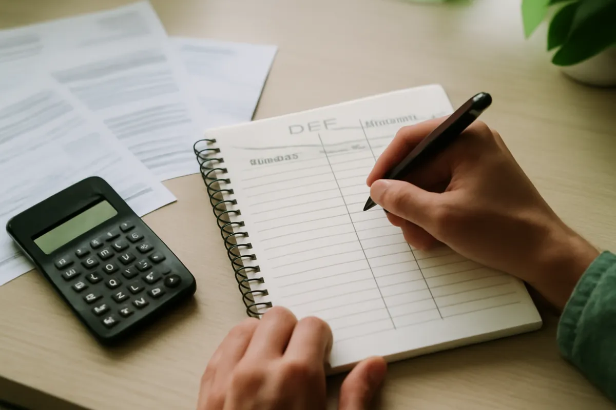 A person handwriting a list of debts with columns for balance, rate, and creditor beside a calculator and statements on a table