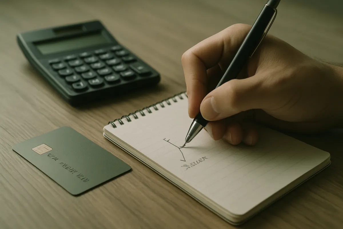 A calculator, a pen, and a notepad of handwritten figures on a desk, working out the cost of borrowing