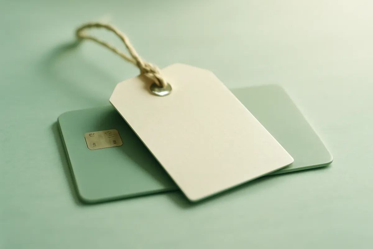 A small blank paper price tag tied with string resting on a credit card, soft green tint