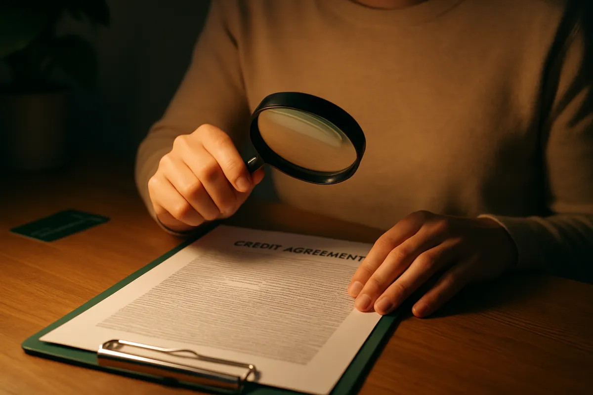 A person reviewing printed fine print with a magnifying glass over financial documents on a desk in calm bright light