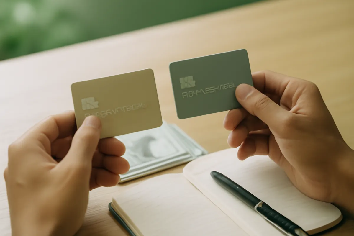 A first credit card held in a hand over a desk with a laptop and notebook in warm natural light