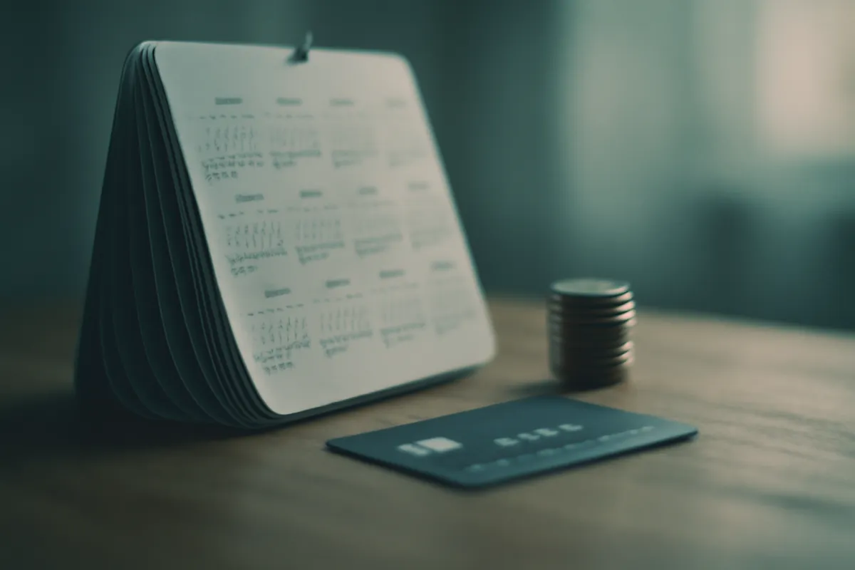 A wall calendar with many pages fanned out beside a small stack of coins and a credit card