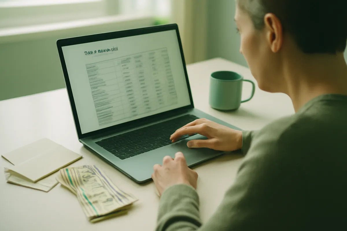 A person reviewing a monthly budget on a laptop with cash and envelopes on a bright desk, trimming spending to free up money