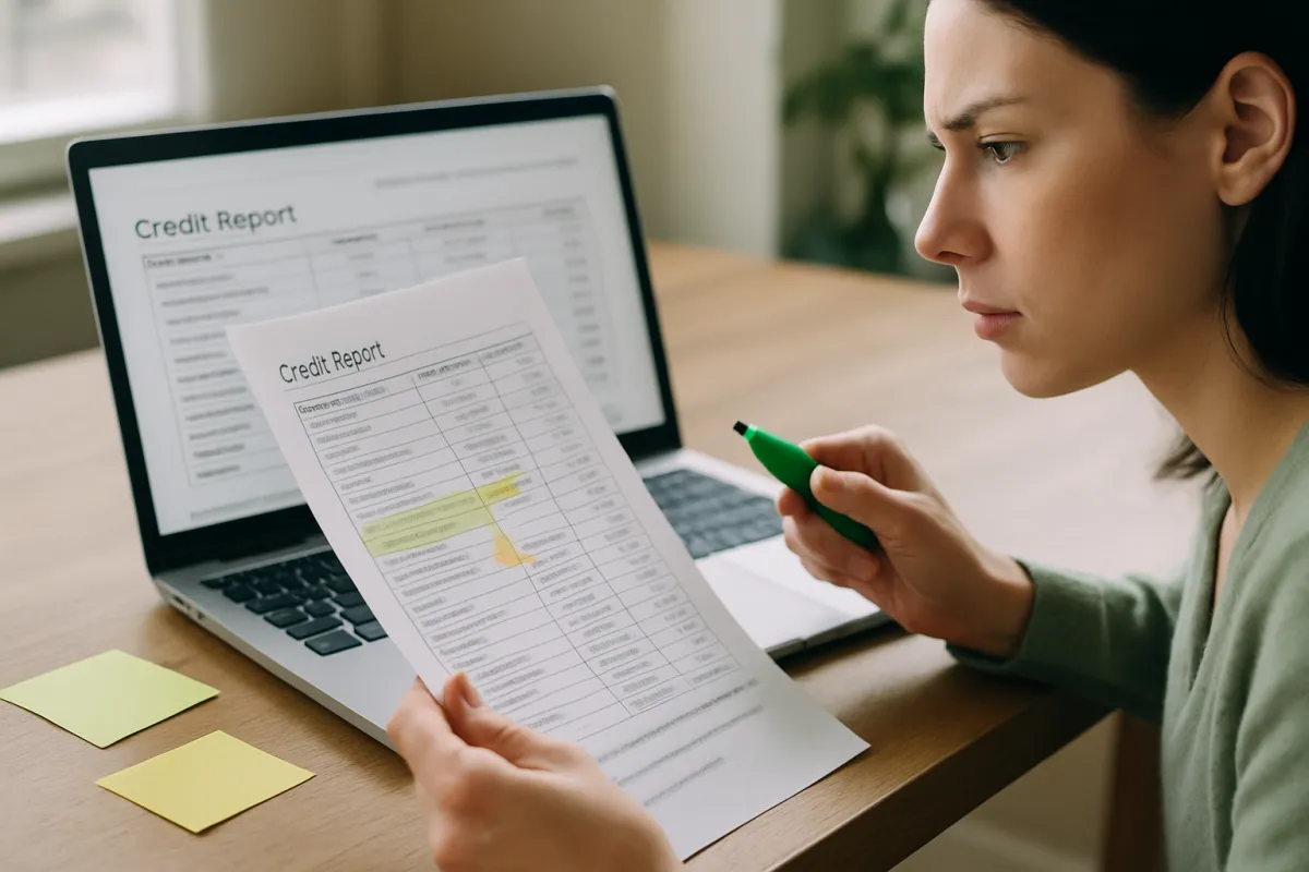 A person comparing a printed credit report against a laptop screen with a highlighter and sticky notes marking a suspicious entry in natural daylight