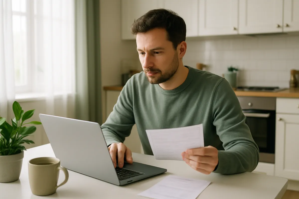 A person paying a bill on a laptop at a calm, bright kitchen table
