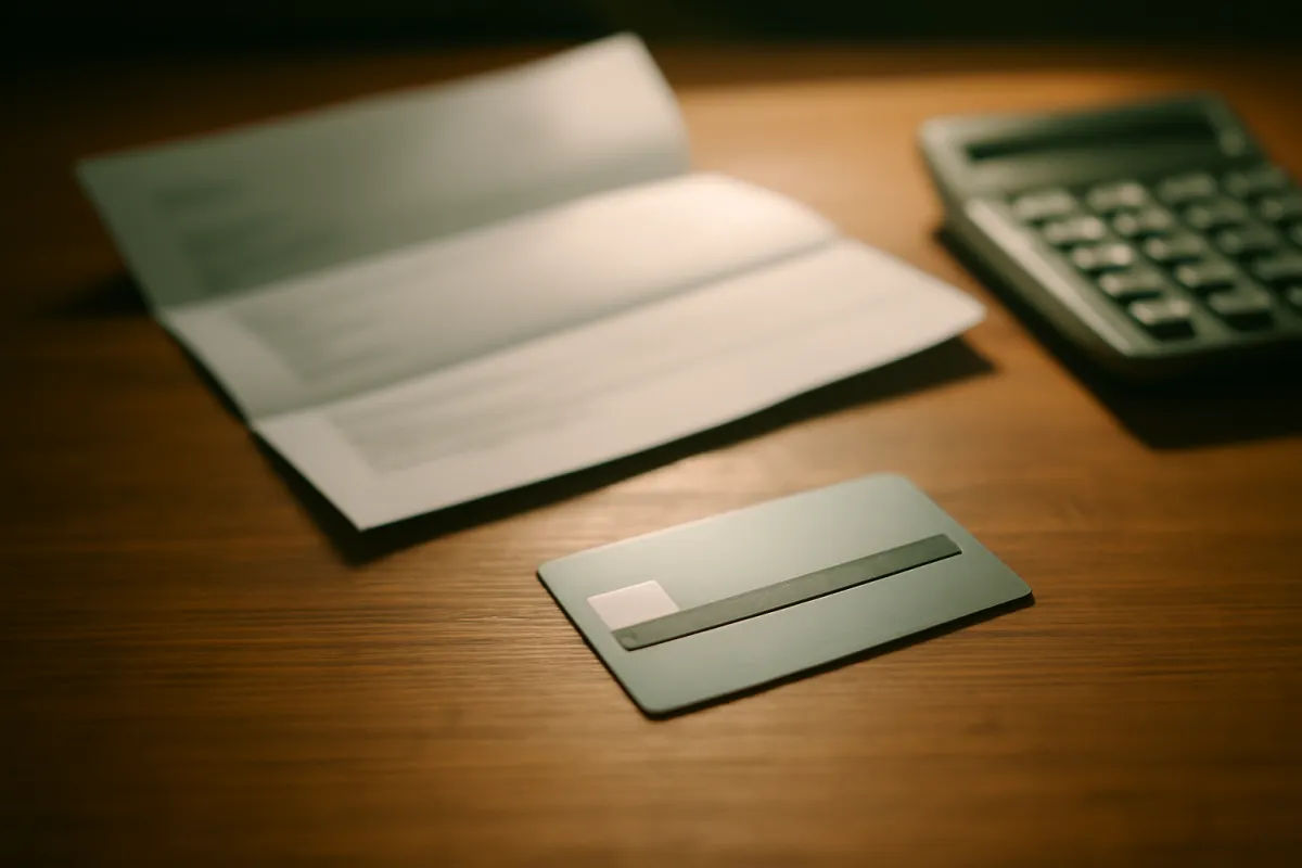 A single credit card left beside an open statement and a calculator on a desk