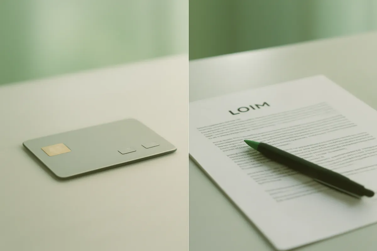 A payment card on the left and a loan document with a pen on the right