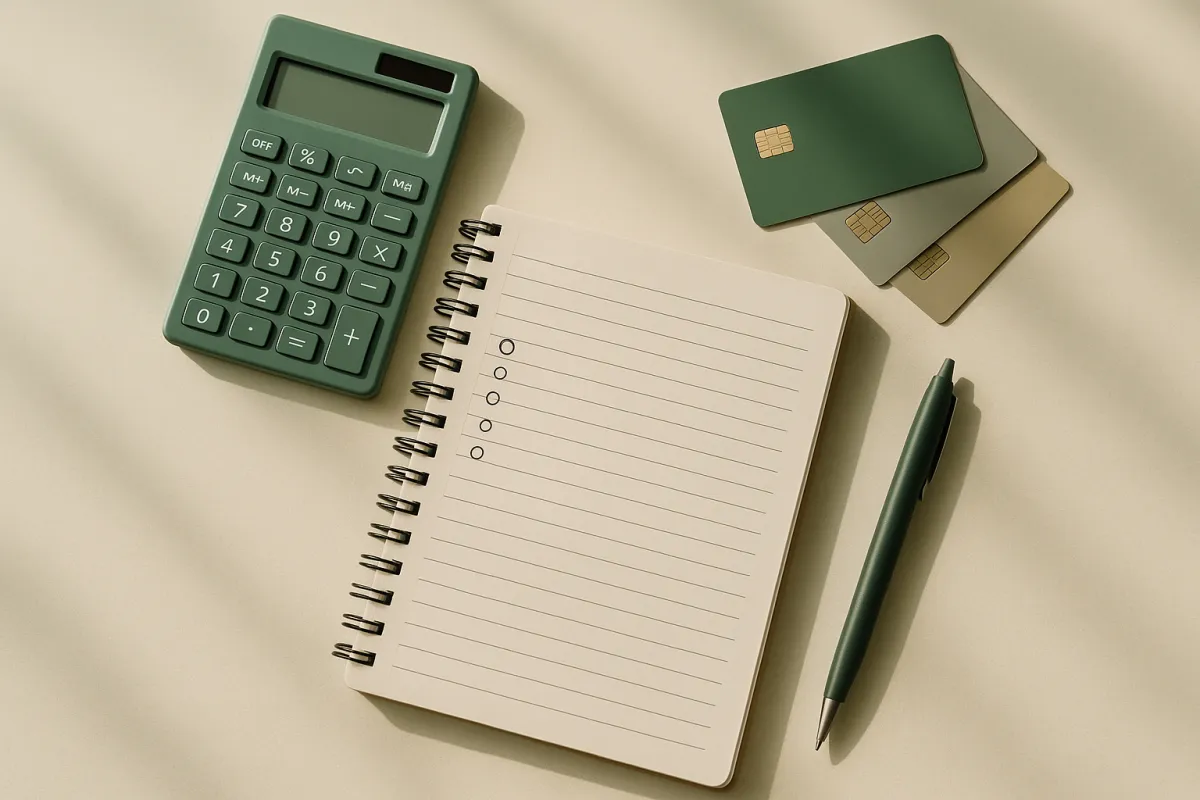 A notebook listing debts with a calculator and a pen on a desk