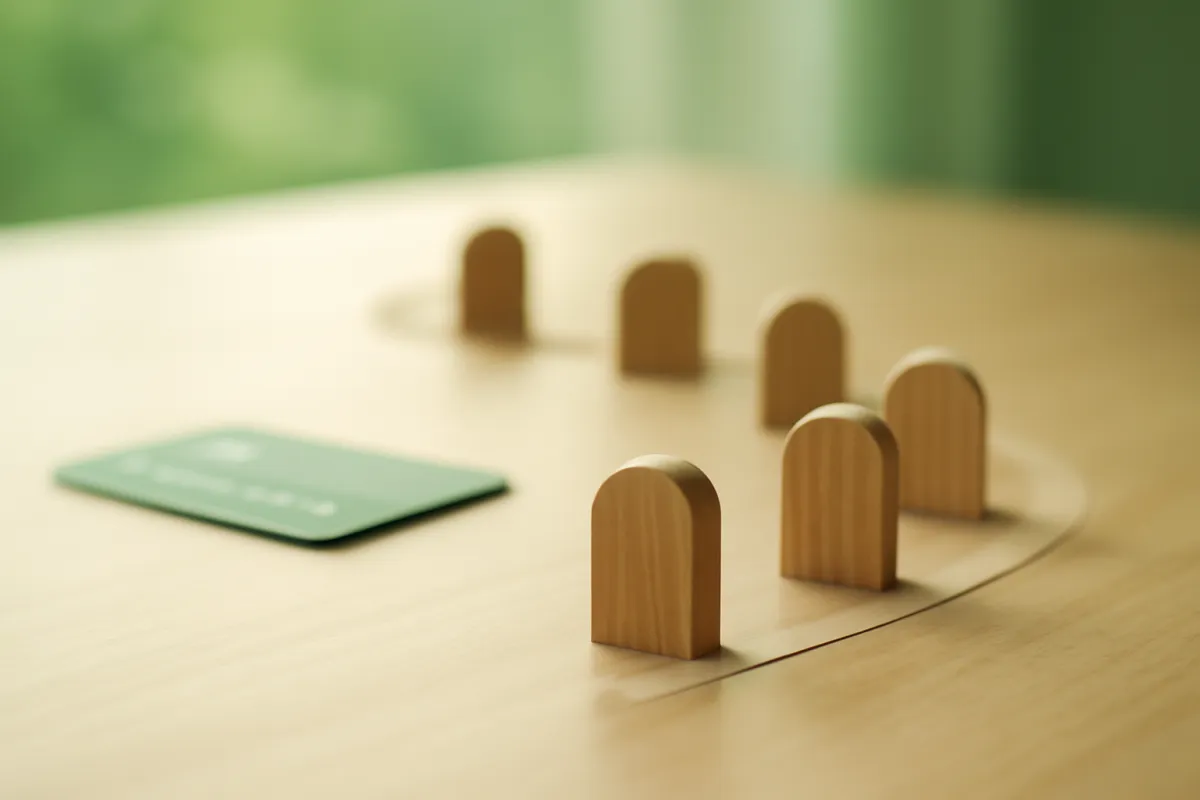 Small wooden milestone markers spaced along a curving path on a desk beside a credit card in soft green light