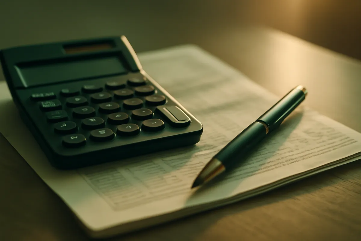 A calculator and a pen resting on a folded billing statement on a desk