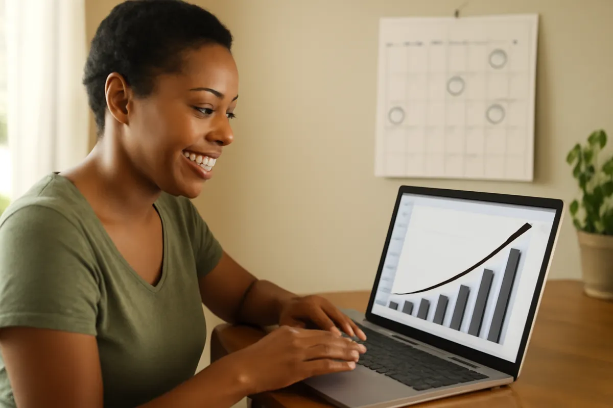 A person smiling at a steadily rising progress chart on a laptop with a wall calendar of milestones nearby