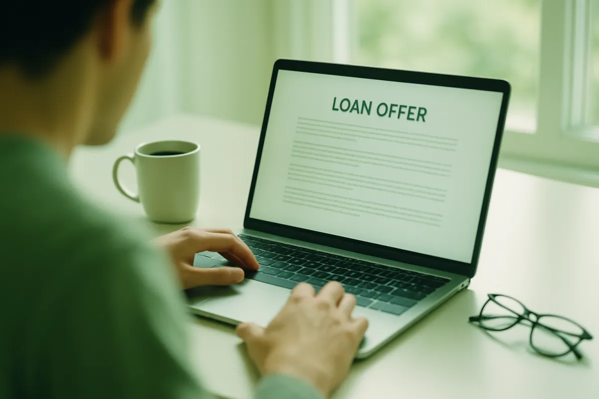 A person at a home desk reviewing a debt collection letter and a settlement offer with a phone and notepad