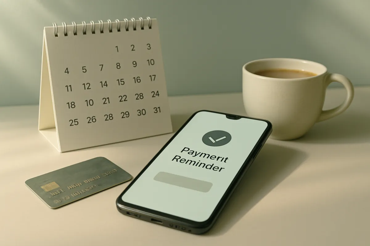 A calendar and a phone showing a payment reminder next to an older credit card on a desk