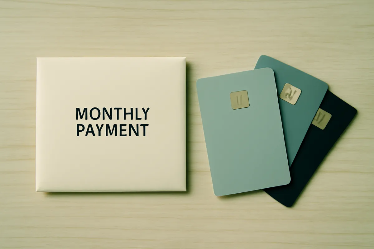 One monthly payment envelope beside three fanned credit cards on a desk