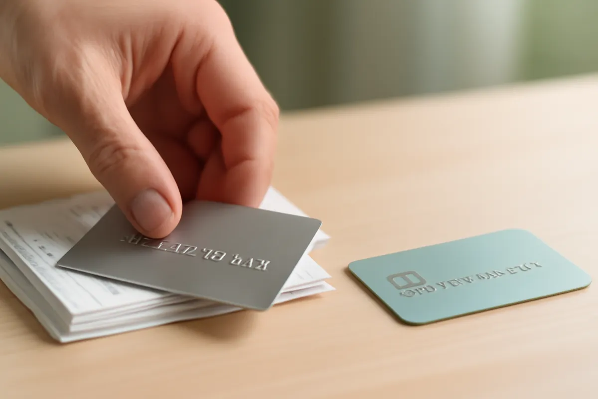 A hand moving one credit card away from a small stack of statements toward a new card