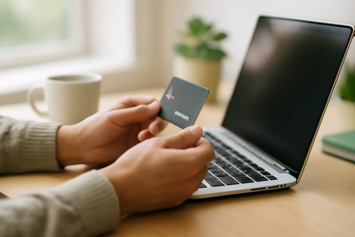 Close up of a person making a credit card payment on a laptop at a tidy desk with a coffee cup in calm bright light