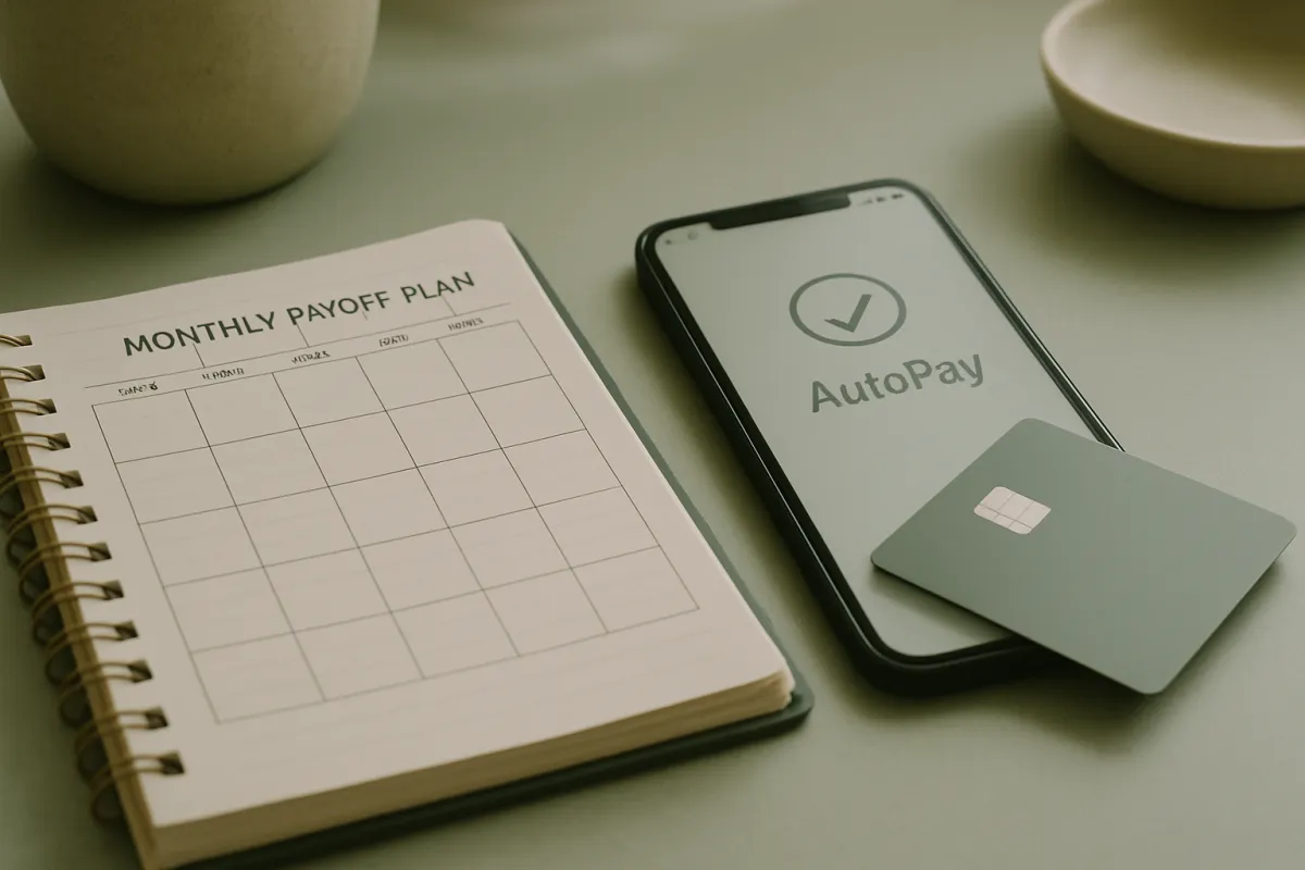 A monthly payoff plan written in a planner next to a phone showing an autopay reminder and a credit card