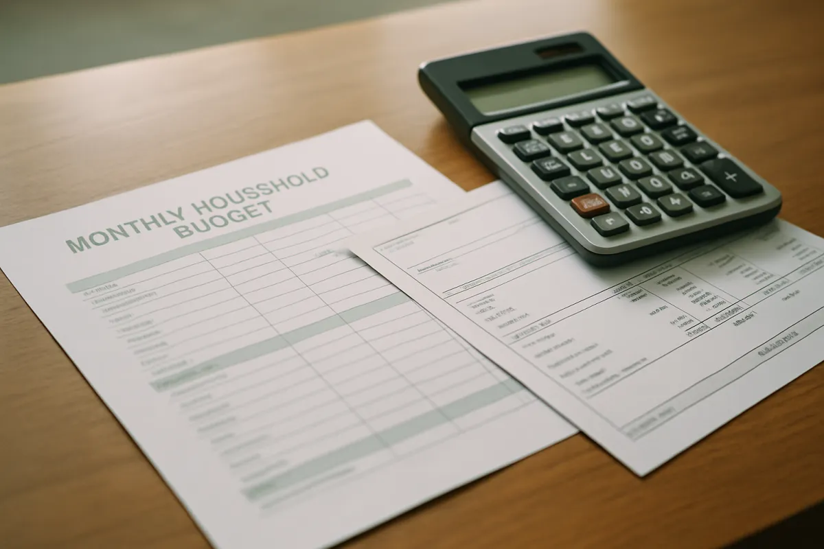 A monthly budget worksheet and pay documents beside a calculator on a wooden desk