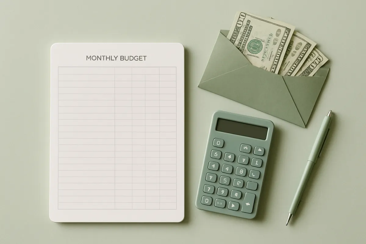A monthly budget planner, calculator, and cash envelopes on a desk