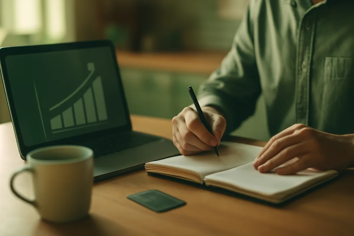 A person at a kitchen table writing in a notebook beside a laptop showing a rising bar chart