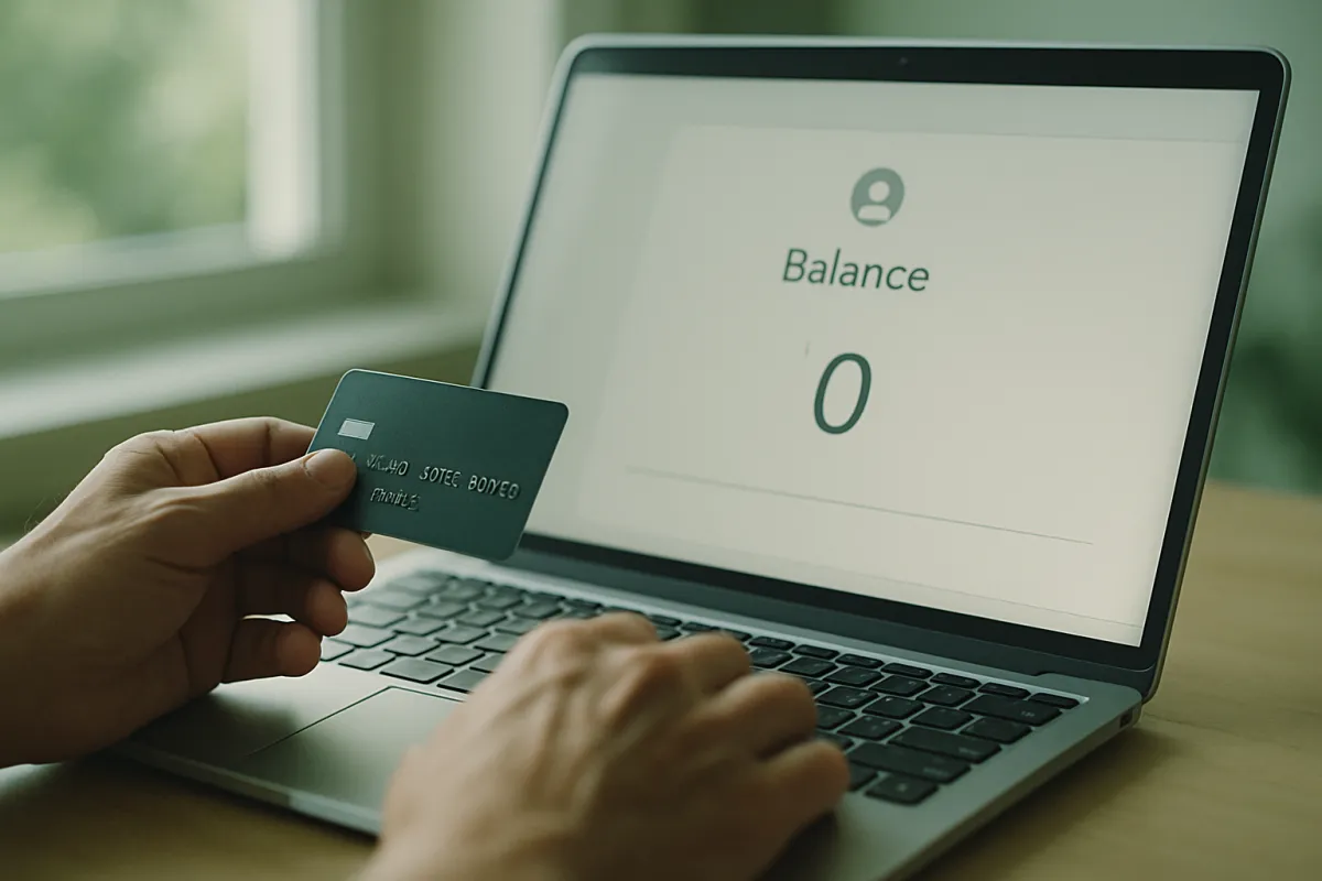 Hands holding a credit card while a laptop shows an account balance at zero after a discharge